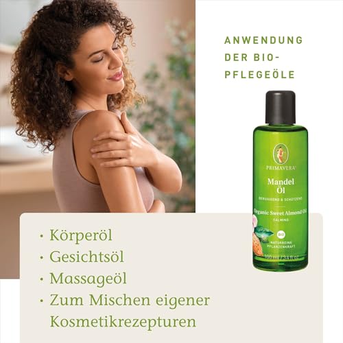 Foto von PRIMAVERA Pflegeöl Mandelöl bio 100 ml – naturreine Pflanzenkraft – Glasflasche – Aromaöl, Körperöl, Naturkosmetik - gut verträglich, schützend, lindert Hautrötungen – vegan
