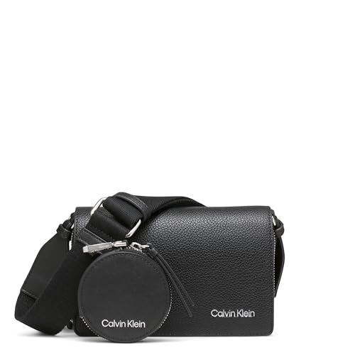 Calvin Klein Bolsa tiracolo feminina Millie com compartimento triplo, Preto/prata, One Size