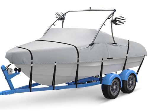 Ski & Wakeboard Tower Boat Cover, Full Metal Buckles Boat Cover, 100% Solution-Dyed Polyester Waterproof Tear and Fade Resistant, Fits 20-22ft V-Hull Runabout Tournament Boat with Ski/Wakeboard Tower