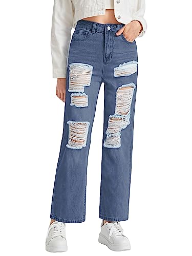 WDIRARA Girl's Graphic Butterfly Print Ripped Jeans Straight Leg Distressed Jean Pants