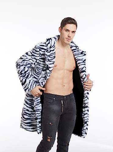 Image of UMREN Mens Warm Leopard Faux Fur Coats Jacket Long Luxury Overwear Parka Cardigans