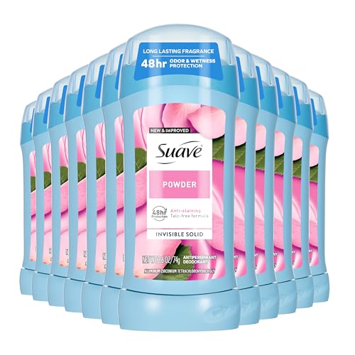 Suave Antiperspirant Deodorant For Women Invisible Underarm Deodorant 48hr Odor & Wetness Protection Long Lasting Powder Sensitive Skin Deodorant Solid Stick 2.6 oz (12 Bulk Pack)