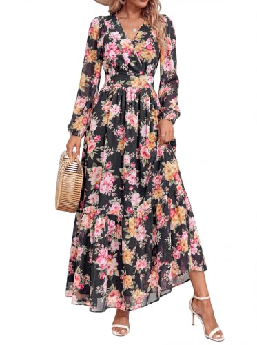 dowerme Women Fall Long Sleeve Wrap V Neck Floral Belted Boho Maxi Dress