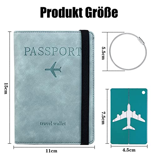 Toctax Reisepasshülle, Passhülle mit RFID-Blocker, Schutzhülle Tasche für Kreditkarten, Reisepass Geschenk Passinhaberdeckel Karteninhaber, Ausweis und Reisedokumente mit Kofferanhänger（Blau）