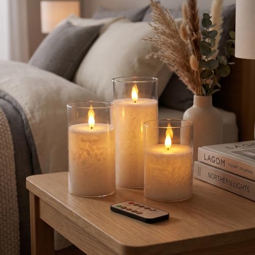 Image of LTETTES Multicolor LED Pillar Candles | Battery Operated with Remote Control | Realistic Flameless Wick | Real Glass Shell | Decorative Candles for Home Decor & Festival | Set of 3