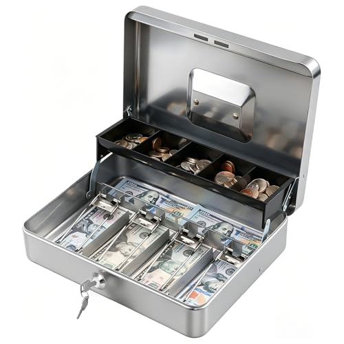 Image of KYODOLED Locking Cash Box with Lock,Money Box with Cash Tray,Lock Safe Box with Key Money Saver,Money Saving Organizer,11.81Lx 9.45Wx 3.54H Inches,Lightgrey XL Large