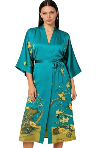 Image of Women's Classic 100% Silk Kimono Robe, Bathrobe-Printed Pattern
