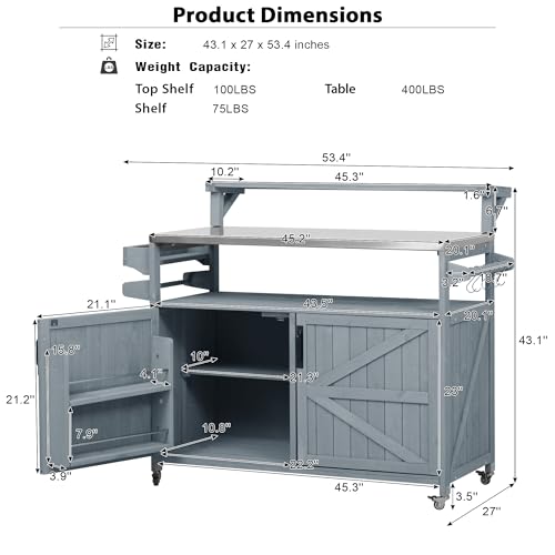 Image of Merax Portable Outdoor Table with Stainless Steel Top for Kitchen Prep, Outdoor Storage Cabinet for Grilling Accessories, Grey Blue