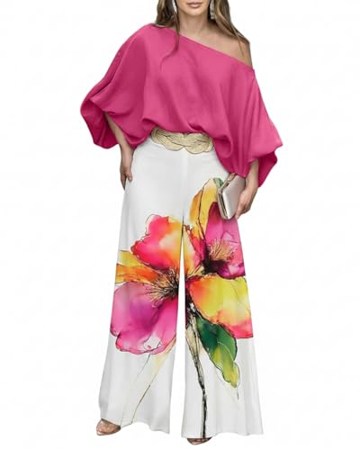 Image of CHICME Women Summer 2 Piece Outfits Off Shoulder Top Flowy Wide Leg Pants Set Vacation Travel Airport Outfits