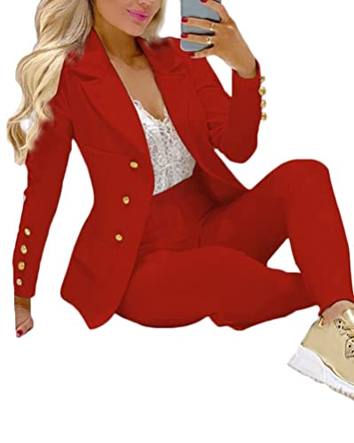 ORANDESIGNE Mujer Conjunto de Traje de Negocios Blazer de Manga Larga y Pantalones de Traje Dos Piezas Set para Oficina y Bodas Elegante Chaquetas de Traje Casual + Pantalones B Rojo XXL