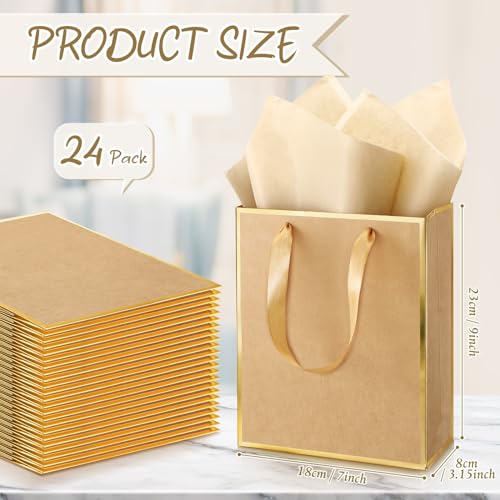 Image of Yeaqee 24 Pack Metallic Paper Gift Bag with Tissue, Kraft, Gold | with Satin Ribbon Handle and Tissue, 9x7x3.1 Inch, Suit Business, Birthday, Christmas, Thank You Return Gifts Bags