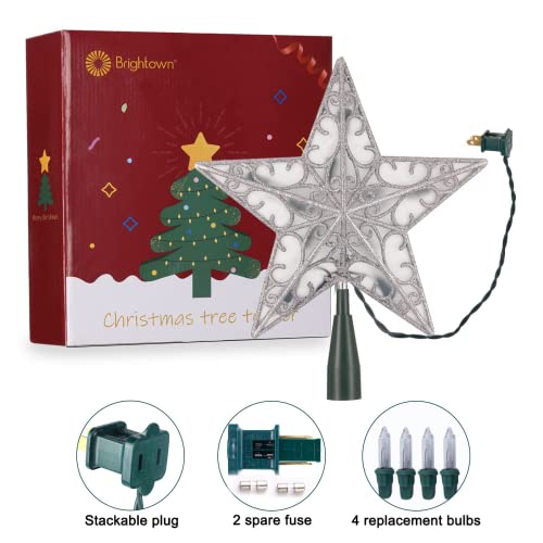 Christmas Star Tree Topper, Plug In Sliver Glittered 3D Star Tree Topper, Metal Hollow Designed Built-In 10 Bulbs String Lights For Indoor Office Christmas New Year Holiday Tree Decoration #TOP5