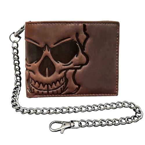 Image of ESYTCH Crazy Horse Genuine Cow Leather Biker Wallet with Embossed Skull, Detachable Metal Chain & RFID Blocking, Unisex Vintage Gothic Anti-Lost Card Holder for Motorcycle Rider