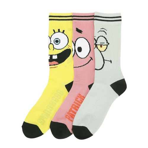 Bioworld Spongebob Squarepants Big Face Spongebob, Patrick and Squidward Mens Athletic Crew Socks 3 Pack3