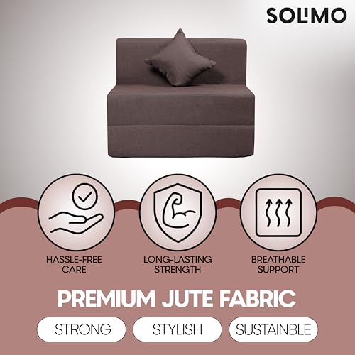 Image of Amazon Brand - Solimo 1 Seater 3 * 6 Jute Fabric Washable Cover Sofa Cum Bed with 1 Cushion 1 Seater Double Foam Fold Out Sofa Cum Bed (Finish Color - Brown Delivery Condition - Pre-Assembled)