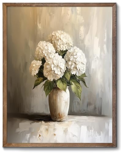 Unframed Wall Art,Cozy Cottagecore Still Life Painting,Rustic Farmhouse Hydrangea Bouquet Wall Decor Picture,Neutral Floral Decor Poster,Print for Living Room Bedroom - 8" X 10"