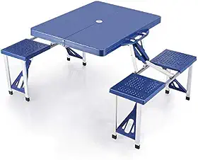Mesa Dobrável de Alumínio Azul Com 4 Banquetas Para Camping Vira Maleta