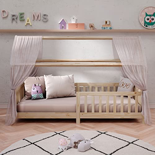 Cama Infantil Montessoriana Casa Madeira com Estrado Nina Natural