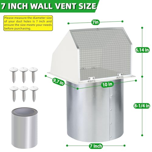 Image of 7Inch Hooded Wall Vent with Screen and Damper,Galvanized Steel Exhaust Vent Cover Cap Outside,Wall Vent Cover Exterior Outdoor Vent Hood for Kitchen Range Hood Laundry Dryer Bathroom Fan Duct Air Vent