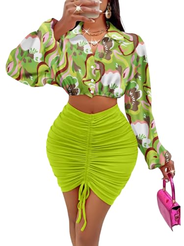 Image of Women's Two Piece Skirt Sets Long Sleeve Crop Tops Stretchy Drawstring High Sexy Mini Skirts Sets MS88