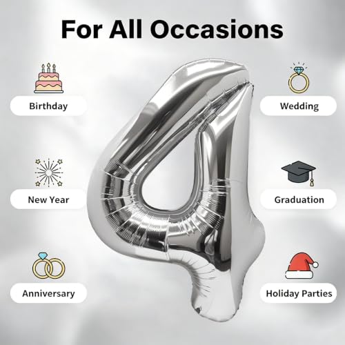 Image of Number Balloons Silver Party Balloon - Giant Number 4 Balloon, 40 Inch Large Balloon for Birthday Decorations, Silver Party Supplies for Anniversary
