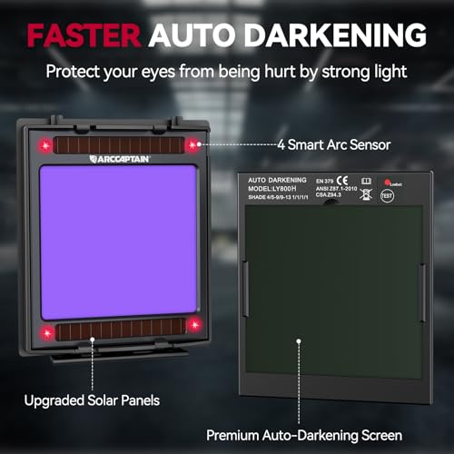 Image of ARCCAPTAIN Large View 3.94 inch x 3.66 inch True Color Auto Darkening Welding Helmet with Light, Solar Powered Welding Hood, 4 Arc Sensor Wide Shade 4 /5-9 /9-13 for Stick MIG TIG Cut,Glossy Black