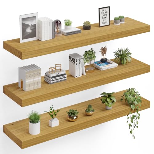 Image of 48in Floating Shelves, 3-Pack 12in Deep Wall Shelf | Solid Paulownia Wood, natural-clear finish, hidden brackets, space-saving storage for kitchen living room bedroom bathroom