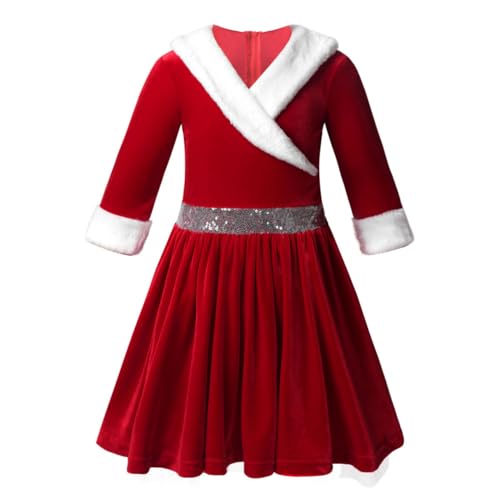 Robe Noël fille manches longues costume Mère Noël en velours pour fête de fin d'année