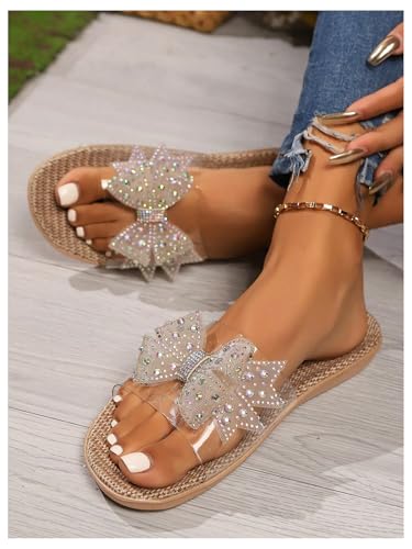 OYOANGLE Women's Rhinestone Sparkly Bow Slide Sandals Open Toe Clear Flat Sandal Dressy Casual Slippers4