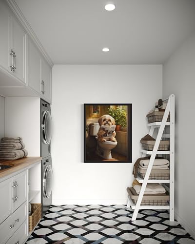 Image of Shih Tzu on Toilet Black Framed Wall Art Print Poster, Dog Bathroom Humor Decor Posters Prints for Restroom Home Picture Painting Artwork Gallery 7 (Shih Tzu, 10 inchL x 8 inchW, Black Frame)