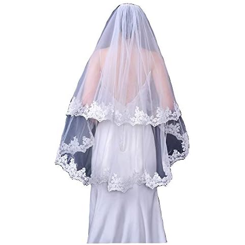 Leyidress Short 2 Tier Lace Applique Wedding Bridal Veil Fingertip Length Women's Veil With Comb Veil ivory Cover