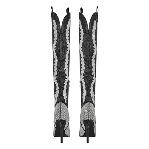 LISHAN Women's Rhinestone Knee High Boots Glitter Pointed Close Toe Bling Stilettos Sparkle Slim High Heels3