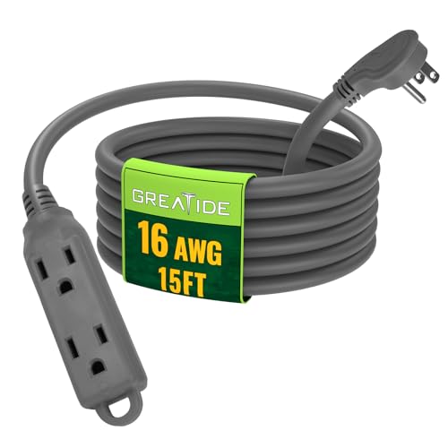 GREATIDE 15 Ft Flat Plug Extension Cord16/3 SJT Indoor Low Profile 3 Outlets Extension Cable with 45 Angled Flat Plug Multiple Outlets Extension Cord Grey