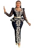 Plawden Long Sleeve African Wedding Guest Dress with Gold Belt Embroidered Nigerian Formal Suits for Church Black L