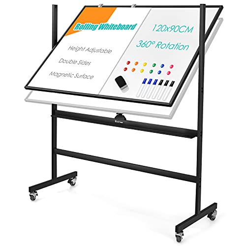 GOPLUS Pizarra Blanca Móvil Magnética de Doble Cara 90 x 120 cm, Caballete Regulable con Ruedas Giratorias, Whiteboard con Marco de Aluminio, Altura Ajustable, Incluye 12 Imanes & 6 Marcador