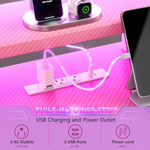 Image of Korfile 55 Inch Gaming Desk with Power Outlet, LED, Monitor Stand, Pink
