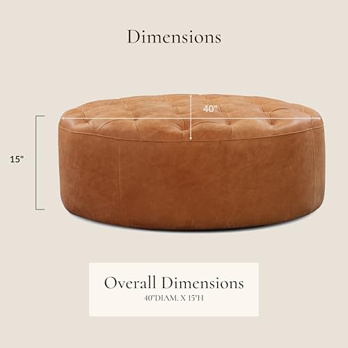 Image of POLY & BARK Ascot Ottoman - 40 inch Round Pouf with Feather-Down Topper - Full-Grain Leather Upholstered Pouf Ottoman for Living Room - Vintage Italian Leather in Cognac Tan