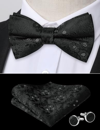 Image of HISDERN Bow Ties for Men Pre-Tied Bow Tie Floral Paisley Handkerchief Classic Formal Bowtie and Pocket Square Cufflinks Set