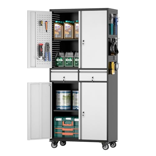 Image of Aobabo 71 inch H 2 Drawer Metal Storage Cabinet with Wheels and 4 Pegboards,Lockable Steel Garage Storage Cabinet with 2 Adjustable Shelves,Black Sliver,Assembly Required