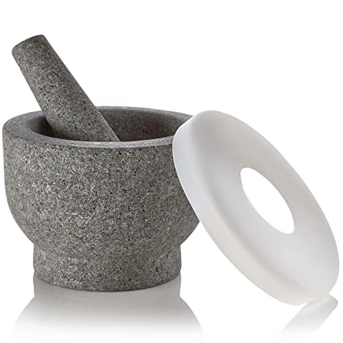Image of Granite Pill Crusher Set - Easy Grip Non-Slip Stone Muddler & Deep Bowl with Silicone Lid - Mortar and Pestle Grinder for Pills, Tablets, Vitamins and More