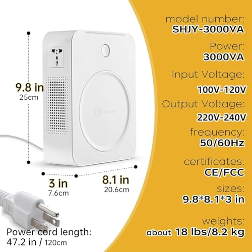 Image of SUNSHUN 3000W 110v to 220v Converter Step Up Voltage Transformer 110v /120V to 220V /240V with 2 Output Sockets for Europe Asia Appliances Used in US 3000 Watts White