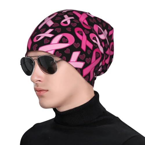 Breast Cancer Awareness Beanie Chemo Hats for Women Men Slouchy Cancer Headwear Stretchy Skull Cap Soft Knitted Hat Nightcap Chemo Gifts — view 4