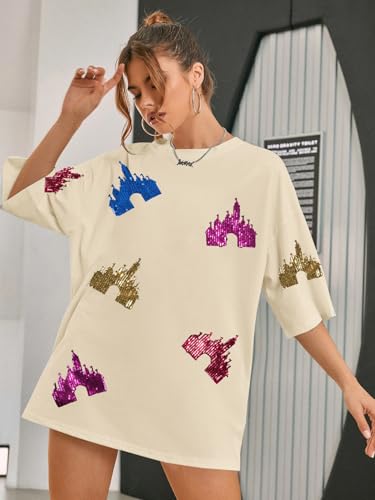 Magic Kingdom Shirts for Women Sequin Top Colorful Castle Graphic Tshirt Holiday Vacation Shirt Funny Cute Tee Tops3