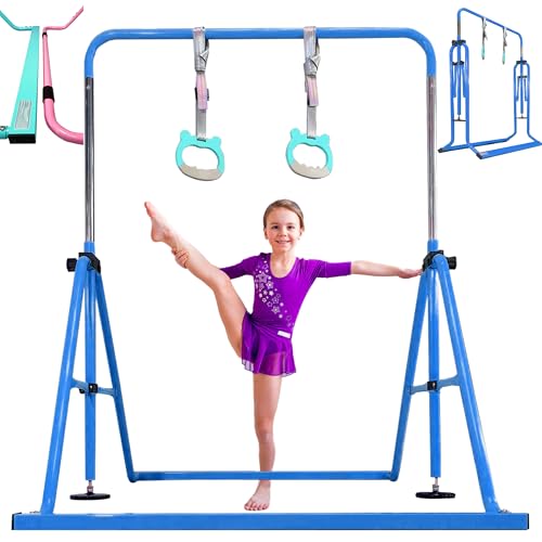 PreGymnastic Folding Gymnastics Bar with Rings, Foldable Kip Bar with Sturdier Base, Training Bar for Kids Ages 3-10, Horizontal Bar, Home Gym Equipment for Boy Girl