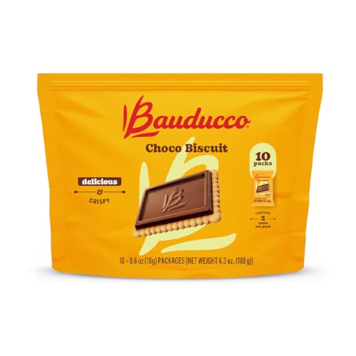Image of Bauducco Choco Biscuit Cookies Pouch - Crispy Chocolate-Covered Biscuits, Individually Wrapped for Snacking, Dessert, and Lunch Boxes, 6.3 oz (Pack of 10)