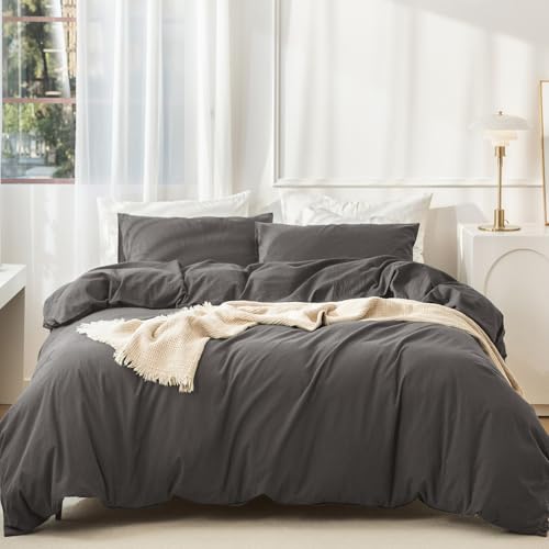 JIYUAN 100% Washed Cotton Duvet Cover Set 3 Pieces Full, 1 Duvet Cover 80x90 Inches(Comforter Not Included) and 2 Pillowcases,Linen Feel Bedding Set Comfy and Breathable,Solid Dark Grey