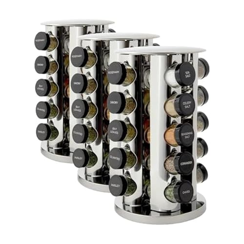 Image of Kamenstein Revolving Countertop Spice Rack with Spices Included, FREE Spice Refills for 5 Years, Polished Stainless Steel with Black Caps, 30020, 20 Jar (Pack of 3)