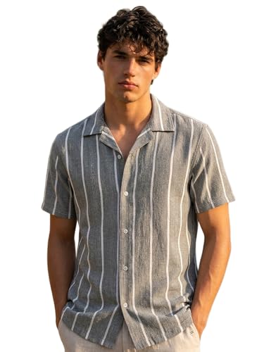 Image of Urbano Fashion Men's Cotton Half Sleeve Relaxed Fit Linen Striped Shirt with Cuban Collar