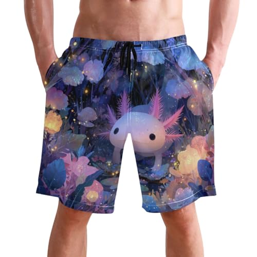 Men's Swim Trunks Quick Dry Swimming Shorts with Pocket Magical Axolotl in Garden Swimsuit Trunks