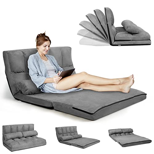 RELAX4LIFE Chauffeuse 2 Personnes Pliable en Daim Dossier Réglable de 90 ° à 180 ° de 5 Positions avec 2 Oreillers, Fauteuil Couvertible Cadre Métallique...